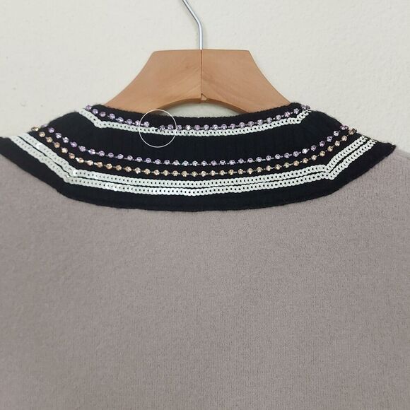 Tory Burch Sweater Womens XS Beige Merino Wool Rhinestones Sequin V-Neck Grandma - Picture 5 of 13